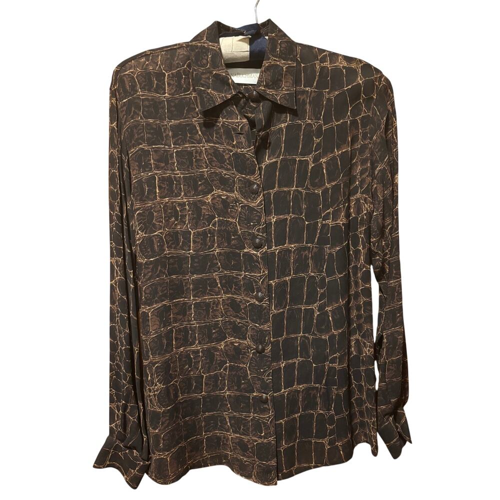 Dana Buchman Vintage Black Brown Front Button Long Sleeve Animal Print Top 2/4